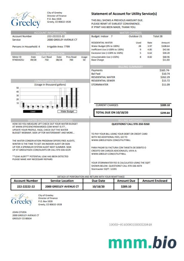 USA Colorado City of Greeley woda rachunek za media szablon w formacie Word i PDF